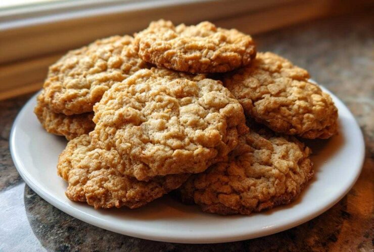 A stack of freshly baked, chewy oatmeal cookie treats piled high on a white plate.