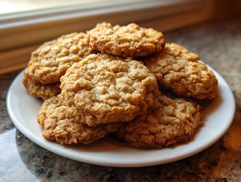 A stack of freshly baked, chewy oatmeal cookie treats piled high on a white plate.