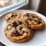 Three freshly baked vegan chocolate chip cookies piled on a white plate, featuring large melted chocolate chunks.