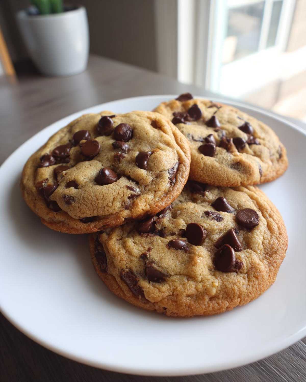 Three perfectly baked vegan chocolate chip cookies piled on a white plate, featuring plenty of melted chocolate chips.