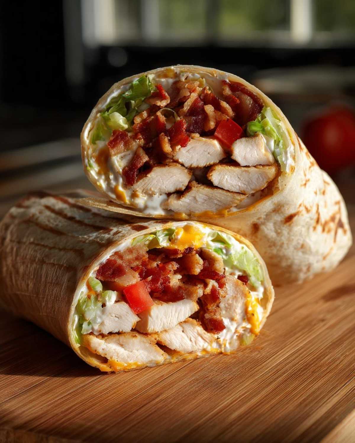 Two halves of a chicken bacon ranch wrap cut on a wooden board, showing grilled chicken, bacon, and ranch dressing.