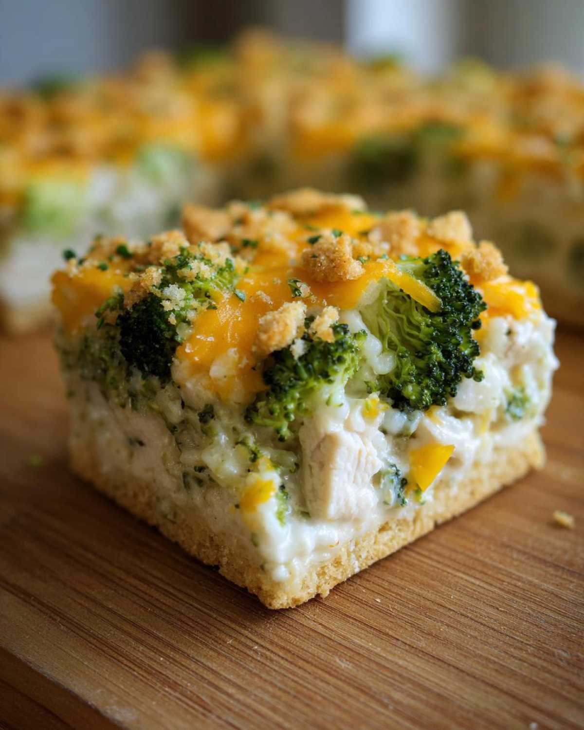 A close-up of a square serving of creamy chicken broccoli rice casserole topped with melted cheddar and breadcrumbs.