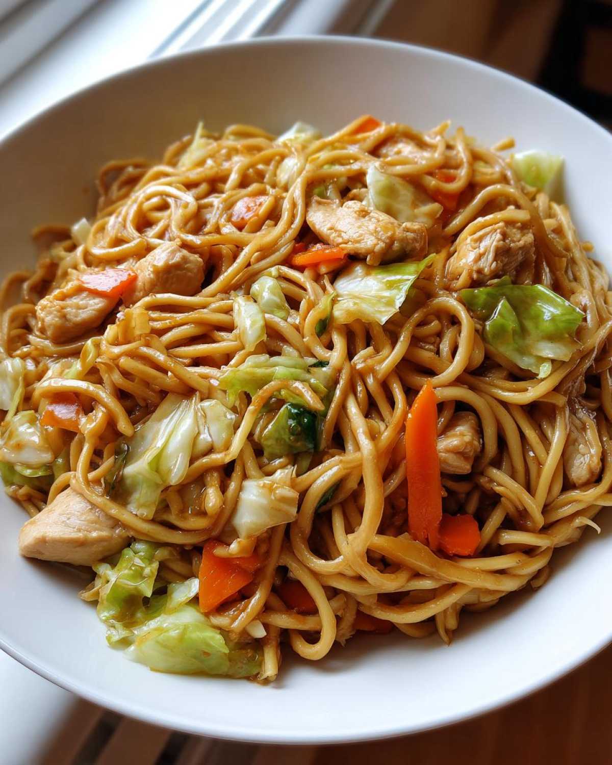 A close-up view of a white bowl filled with savory chicken chow mein recipe noodles, chicken pieces, cabbage, and carrots.
