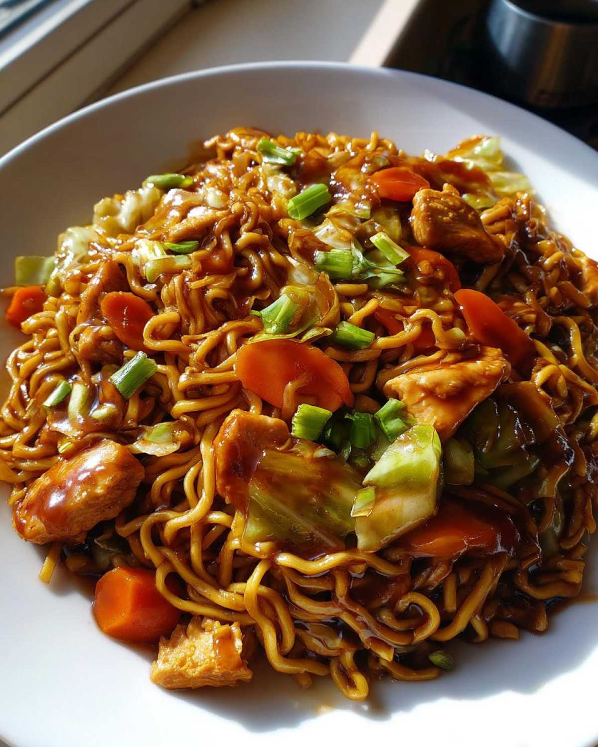 Close-up of a bowl filled with saucy chicken chow mein recipe, featuring noodles, chicken pieces, carrots, and green onions.