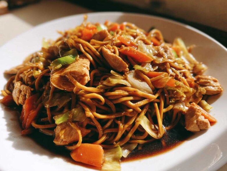 Close-up of a serving of saucy chicken chow mein recipe with noodles, chicken pieces, carrots, and cabbage.