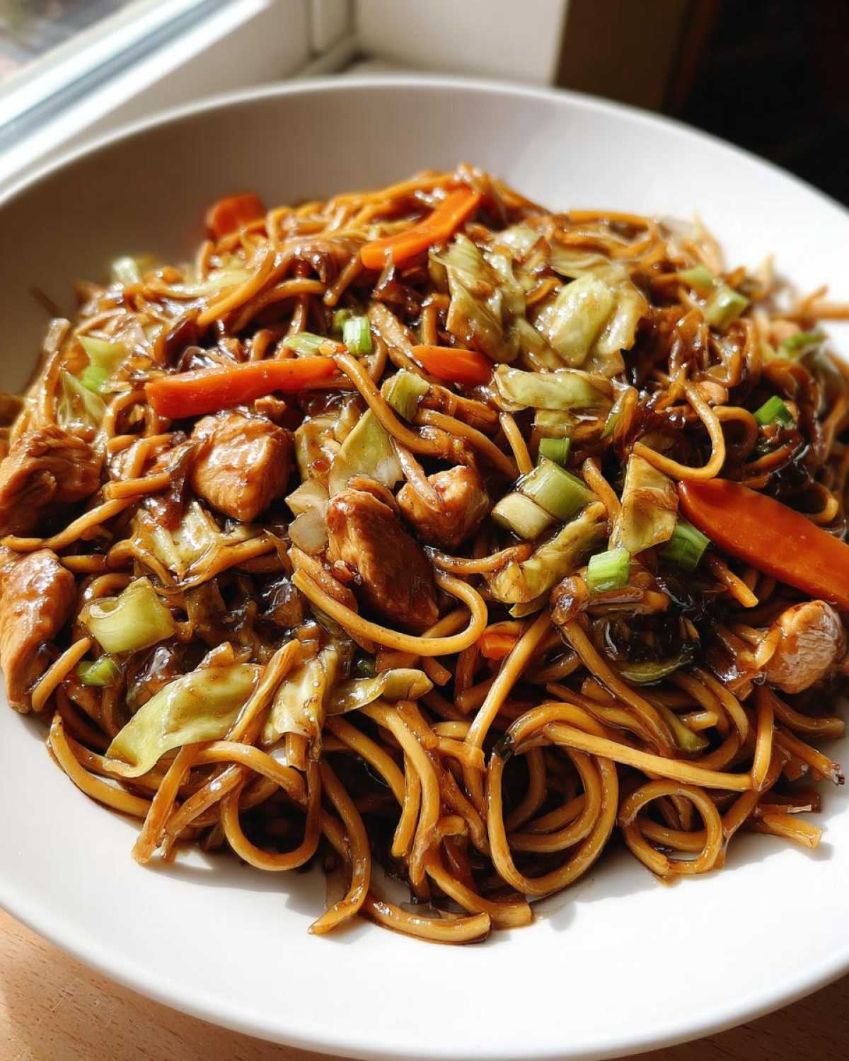 Close-up of a serving of chicken chow mein recipe featuring noodles, diced chicken, cabbage, and carrots in a dark sauce.