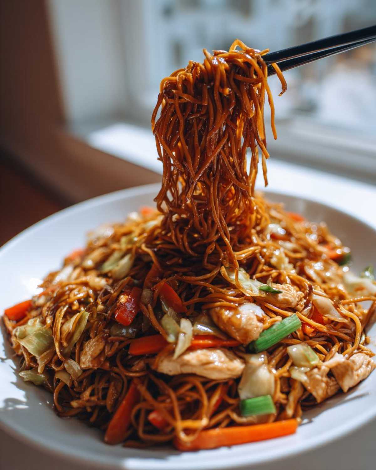 Chopsticks lifting dark, saucy noodles from a plate of chicken chow mein recipe with chicken pieces and vegetables.