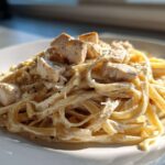 A close-up serving of creamy chicken fettuccine alfredo pasta topped with seasoned chicken pieces.