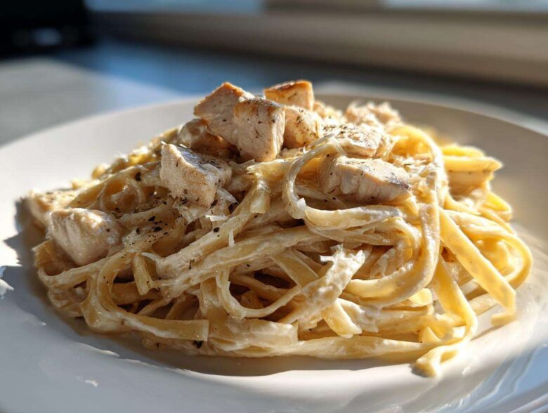 A close-up serving of creamy chicken fettuccine alfredo pasta topped with seasoned chicken pieces.