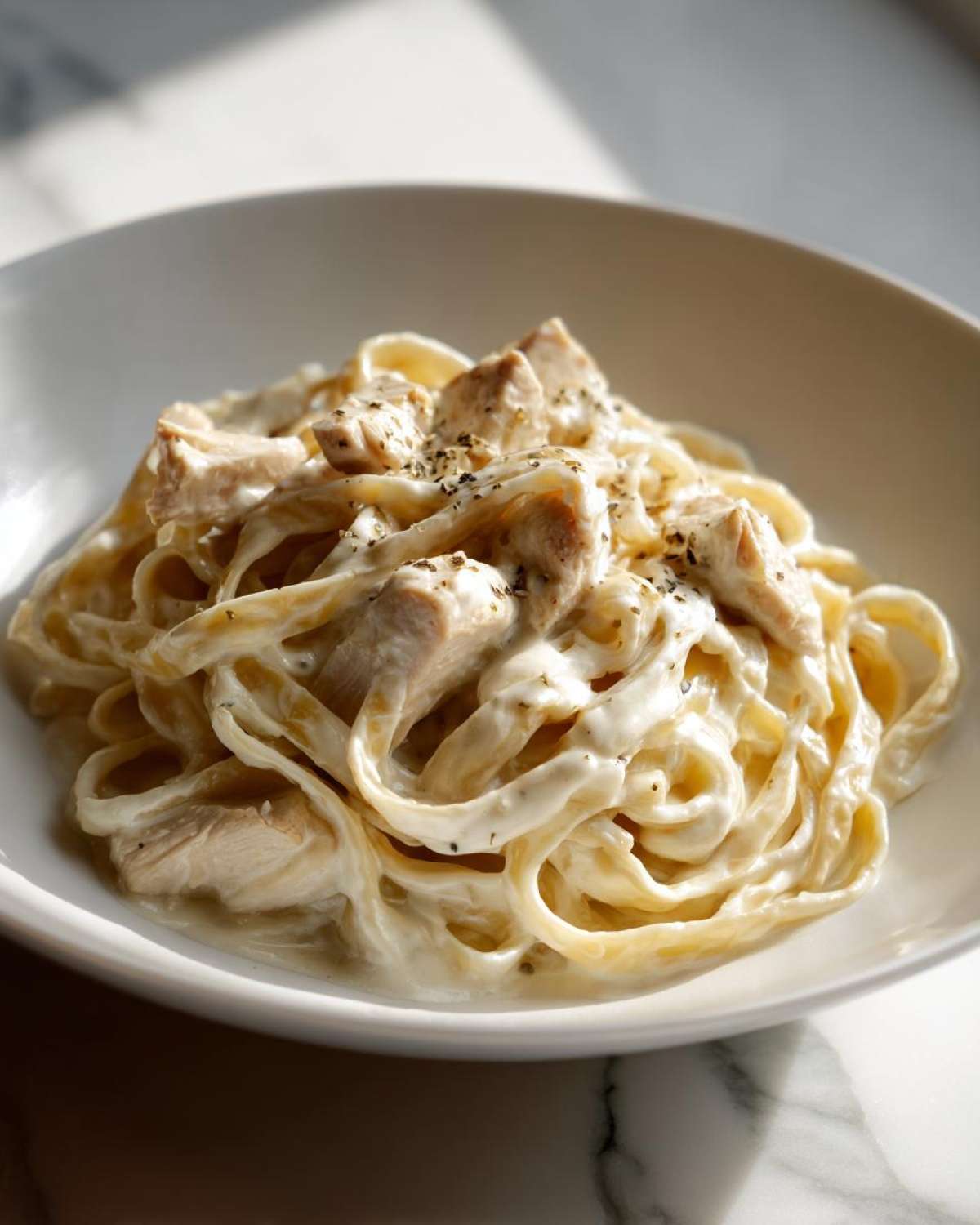 A close-up of rich chicken fettuccine alfredo pasta coated in creamy white sauce, garnished with pepper.
