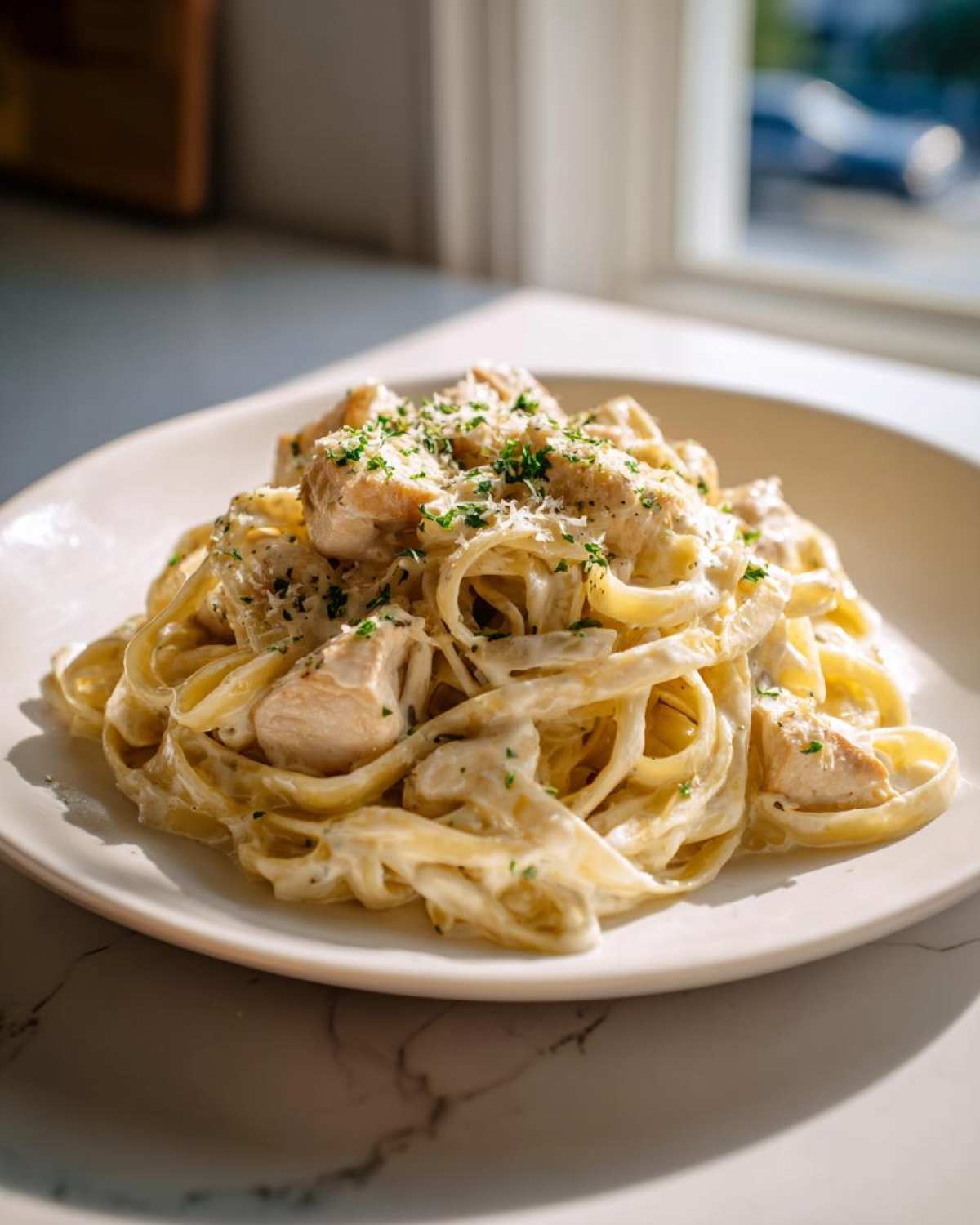 A close-up of a serving of rich chicken fettuccine alfredo pasta, topped with parmesan and parsley.