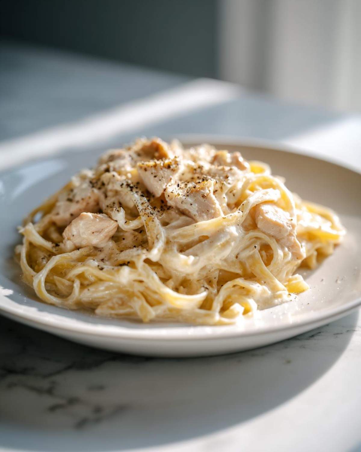 A close-up of creamy chicken fettuccine alfredo pasta topped with cracked black pepper on a white plate.