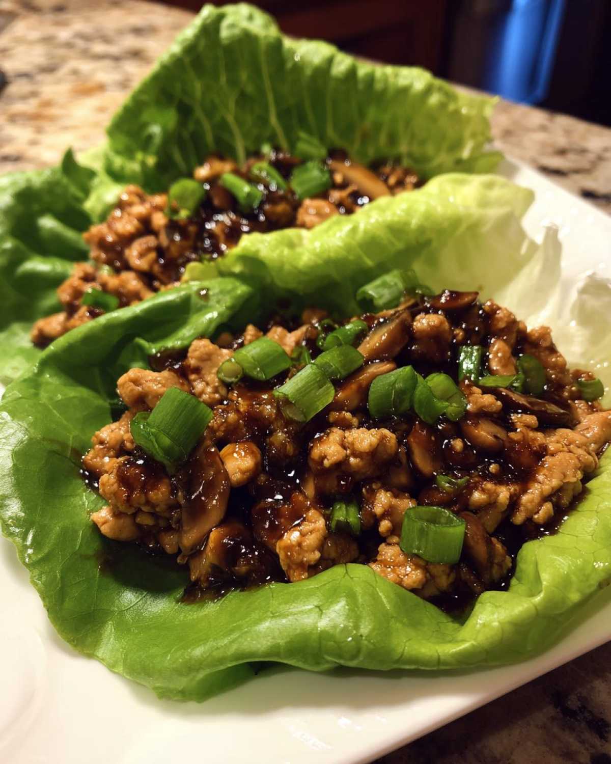Two servings of savory chicken lettuce wraps filled with ground chicken mixture and topped with green onions, ready to eat.