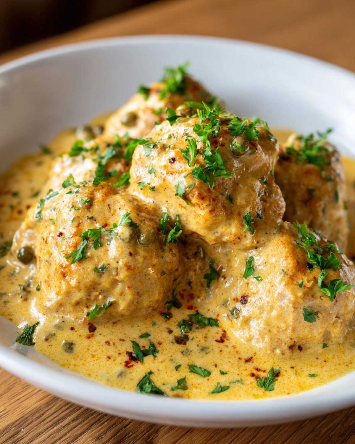 Close-up of several chicken piccata meatballs smothered in a creamy, yellow sauce with capers and fresh parsley.