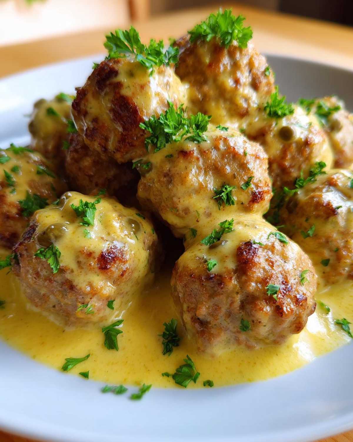 A close-up of several golden-brown chicken piccata meatballs smothered in a creamy lemon-caper sauce and garnished with fresh parsley.