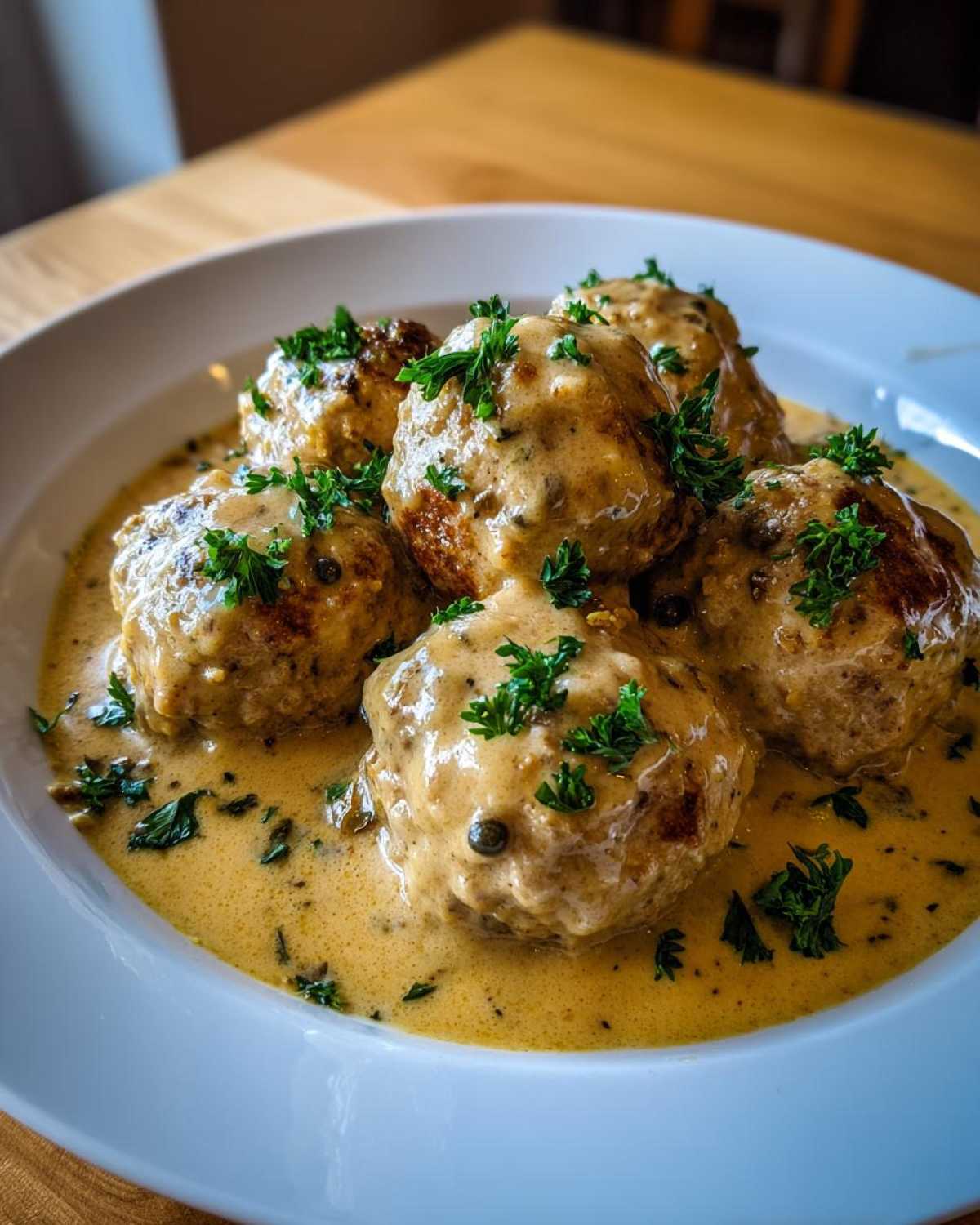 Five golden-brown chicken piccata meatballs smothered in a creamy, lemon-caper sauce and topped with fresh parsley.