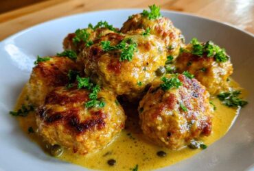 Close-up of several golden-brown chicken piccata meatballs served in a bright lemon-caper sauce, garnished with fresh parsley.