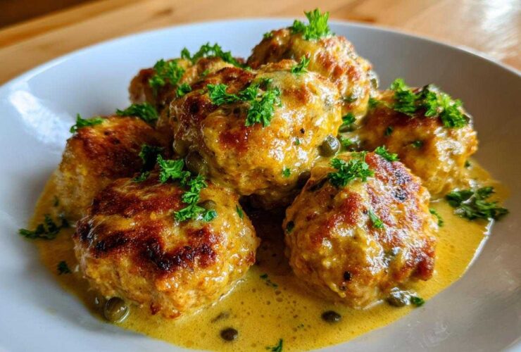 Close-up of several golden-brown chicken piccata meatballs served in a bright lemon-caper sauce, garnished with fresh parsley.