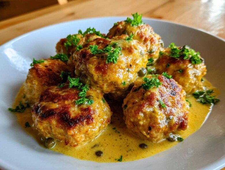 Close-up of several golden-brown chicken piccata meatballs served in a bright lemon-caper sauce, garnished with fresh parsley.