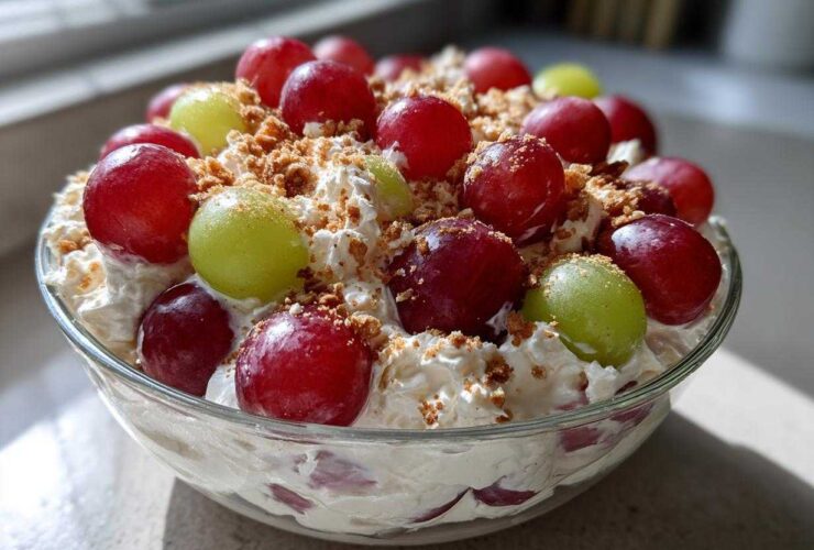 Close-up of a creamy grape salad, resembling Chicken Salad Chick grape salad, topped with red and green grapes and brown sugar crumble.