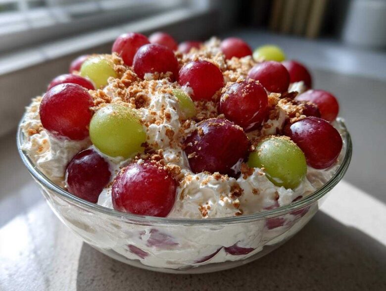Close-up of a creamy grape salad, resembling Chicken Salad Chick grape salad, topped with red and green grapes and brown sugar crumble.