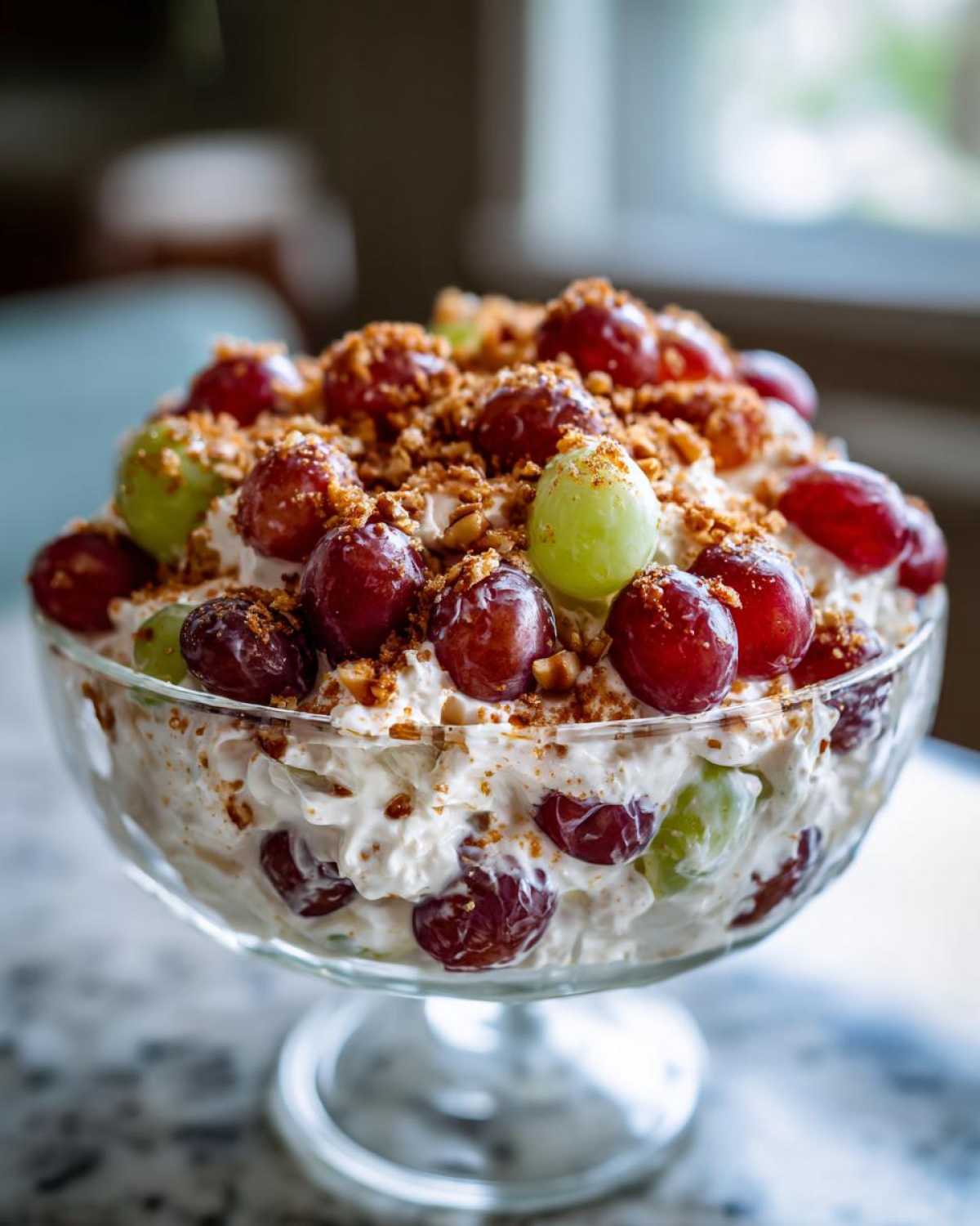 A creamy grape salad, similar to Chicken Salad Chick grape salad, topped with red and green grapes and crunchy brown topping.