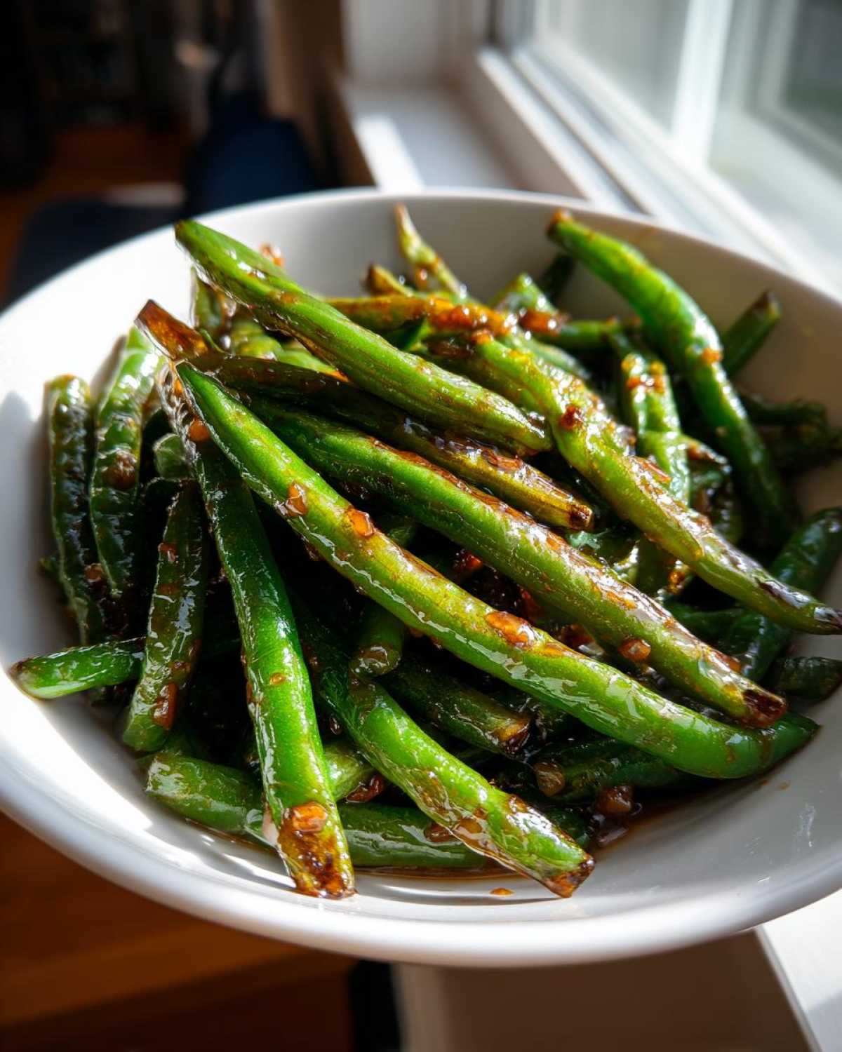Close-up of vibrant chinese green beans with garlic sauce glistening in a white bowl by a window.