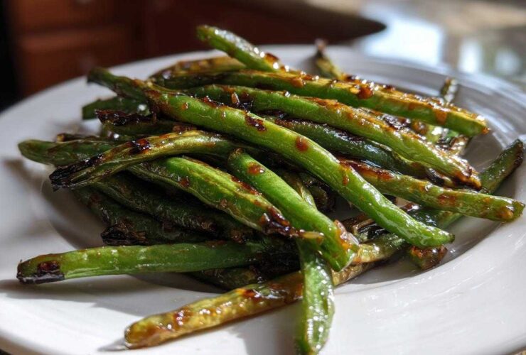 A close-up of perfectly cooked chinese green beans with garlic sauce glistening on a white plate.
