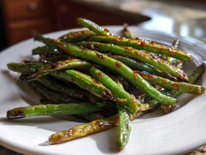 A close-up of perfectly cooked chinese green beans with garlic sauce glistening on a white plate.