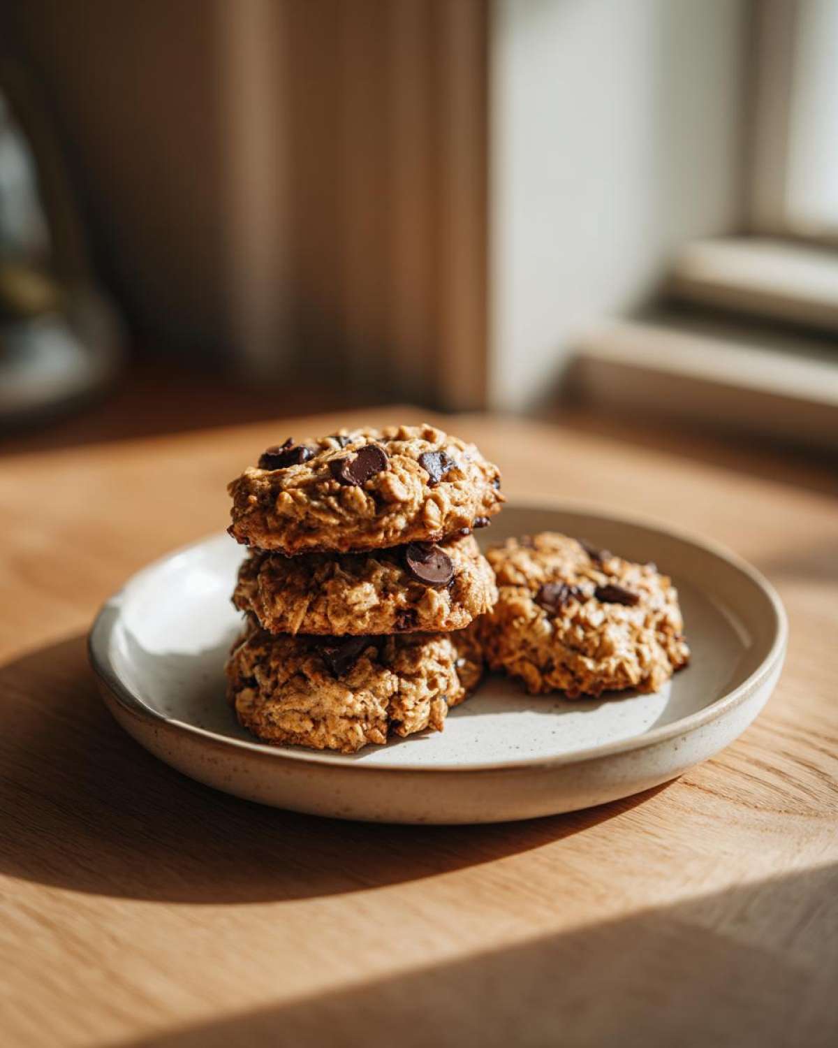 A stack of three homemade chocolate chip breakfast cookie on a speckled plate next to one more cookie.