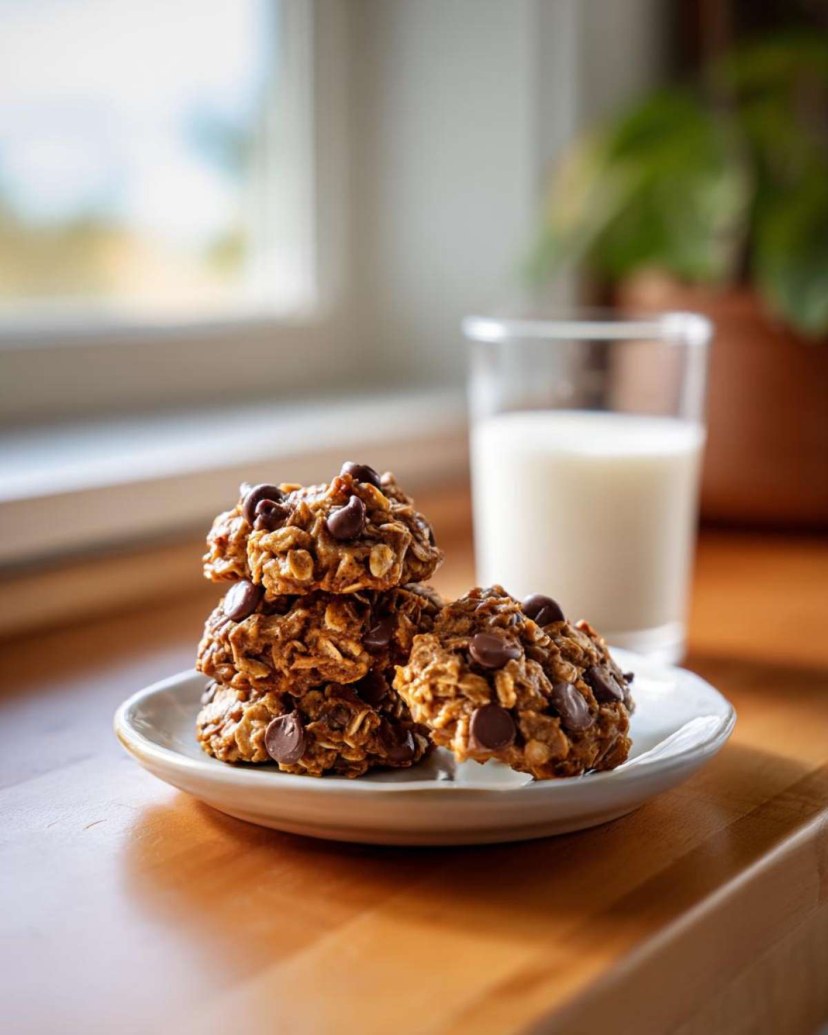 A stack of three chocolate chip breakfast cookie with one resting beside them, served with a glass of milk.