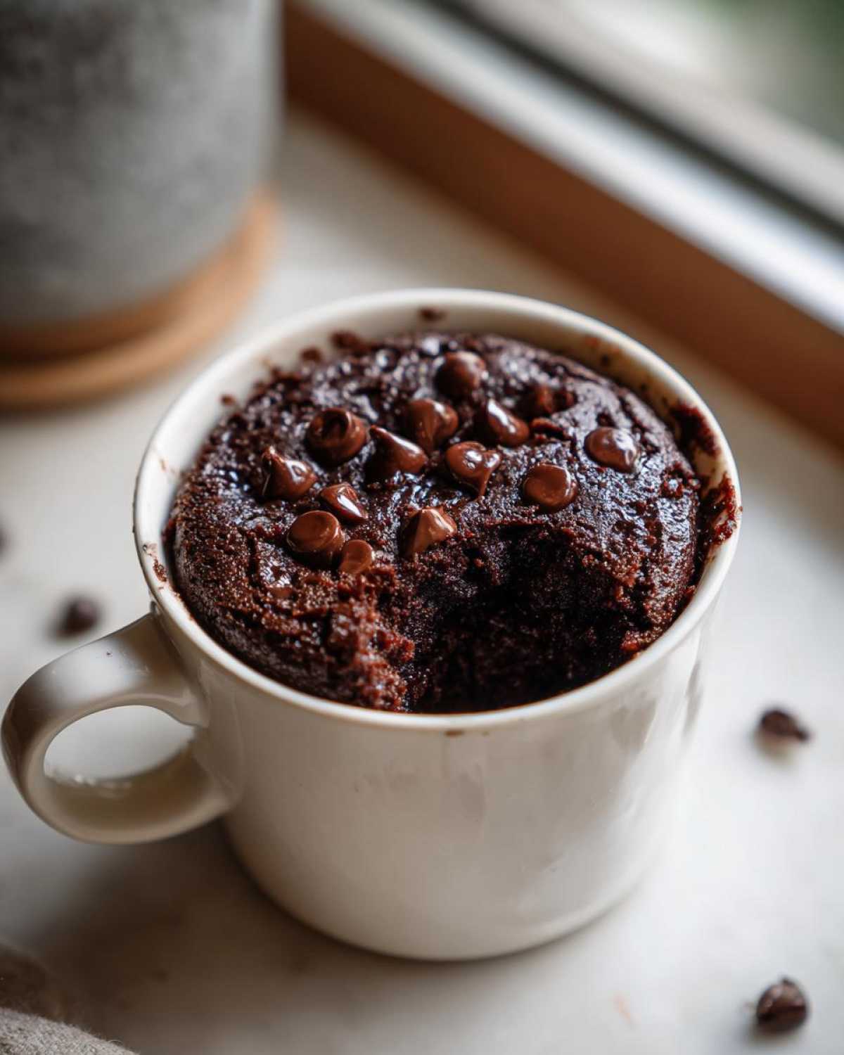 Close-up of a rich, dark chocolate chip mug cake with a bite taken out, served in a white mug.