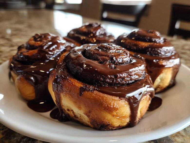 Four freshly baked chocolate cinnamon rolls covered in a thick, glossy chocolate glaze, sitting on a white plate.