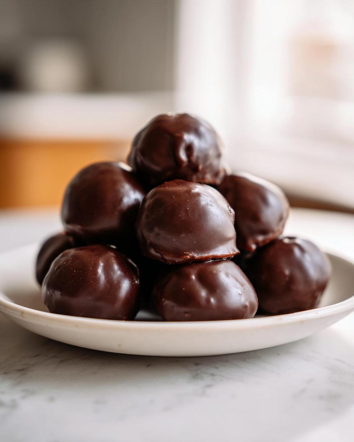 A small stack of decadent, dark chocolate-coated Oreo balls resting on a white plate.