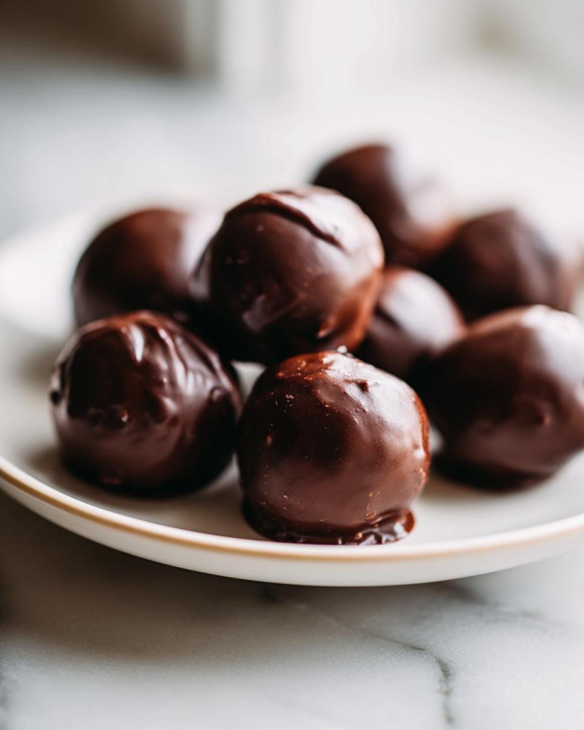 Close-up of several rich, dark chocolate covered Oreo balls resting on a white plate.