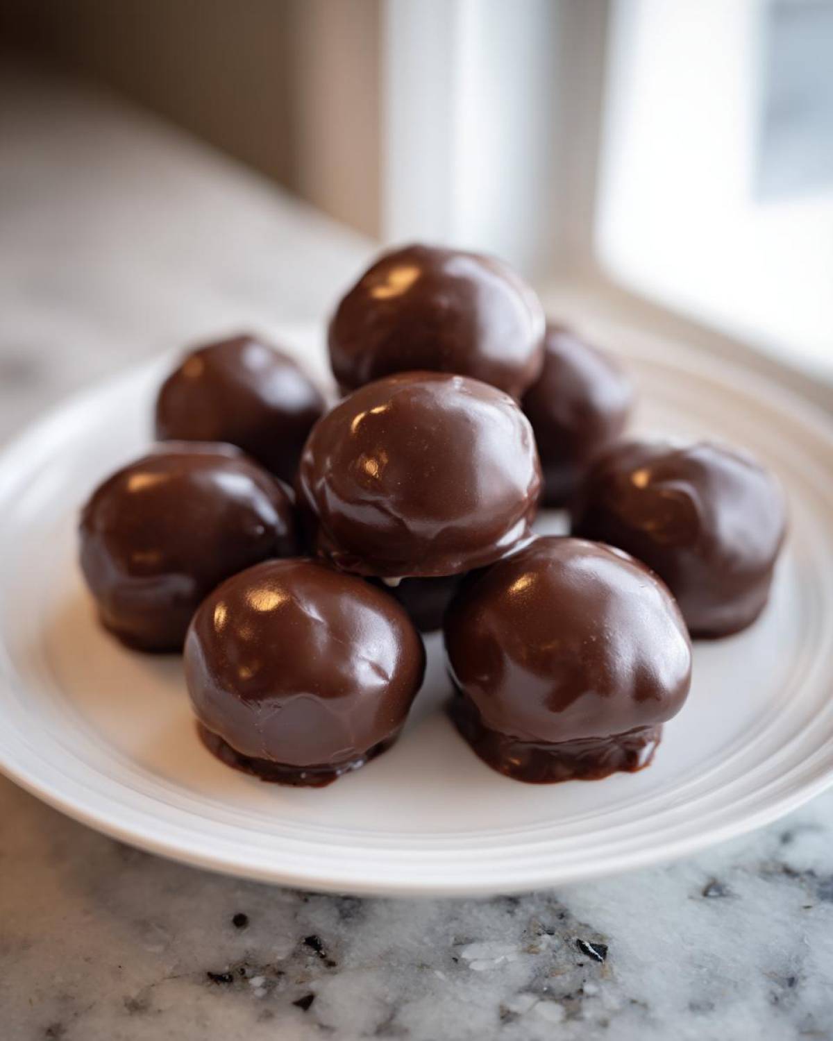 A stack of glossy, chocolate-covered Oreo balls resting on a white plate.