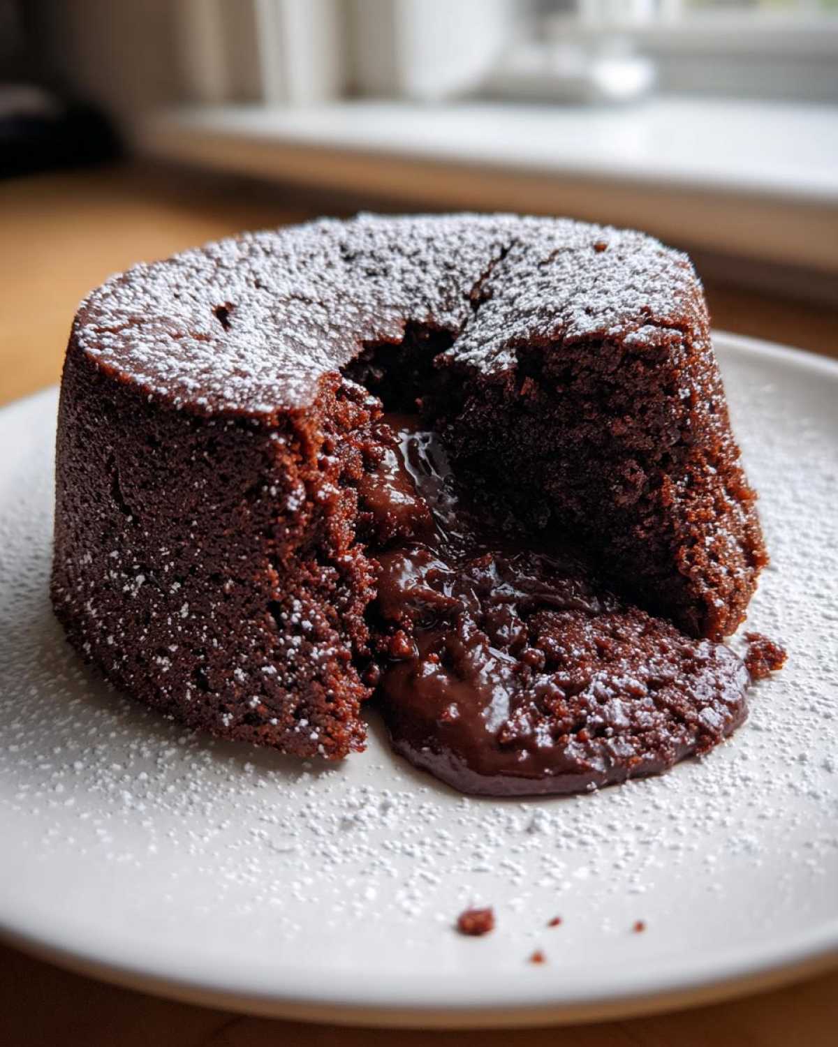 Close-up of a warm chocolate lava cake with molten center oozing out, dusted with powdered sugar.
