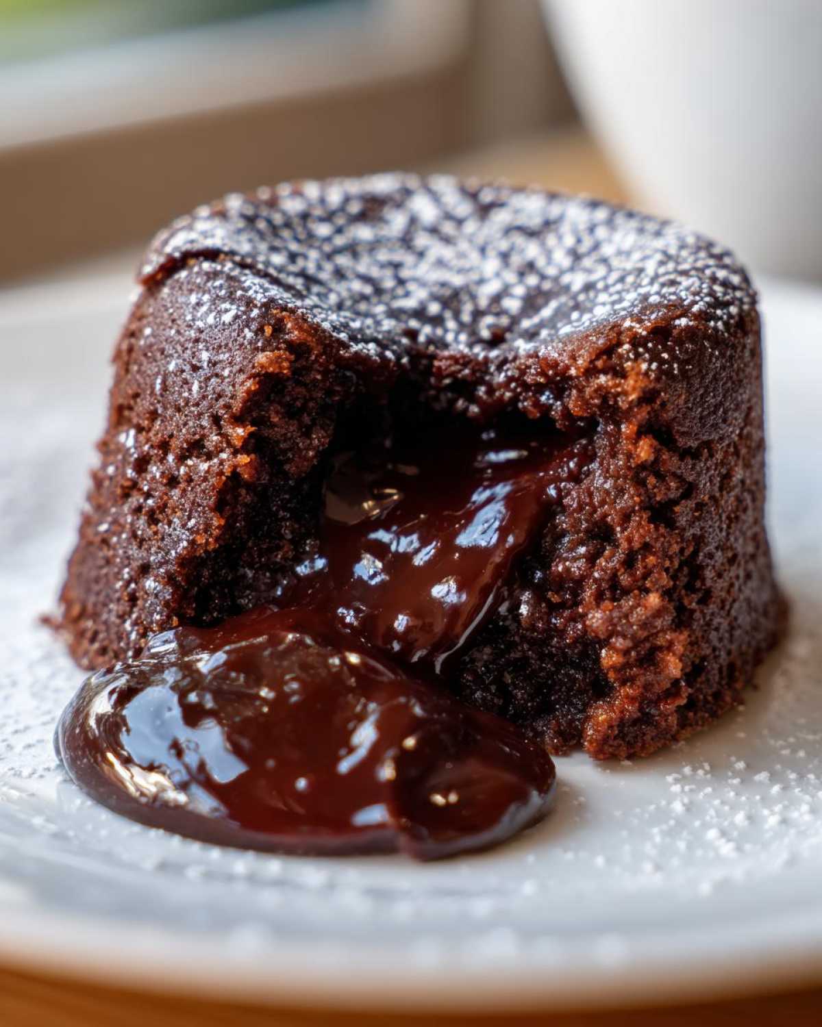 Close-up of a warm chocolate lava cake with molten center oozing onto a white plate, dusted with powdered sugar.