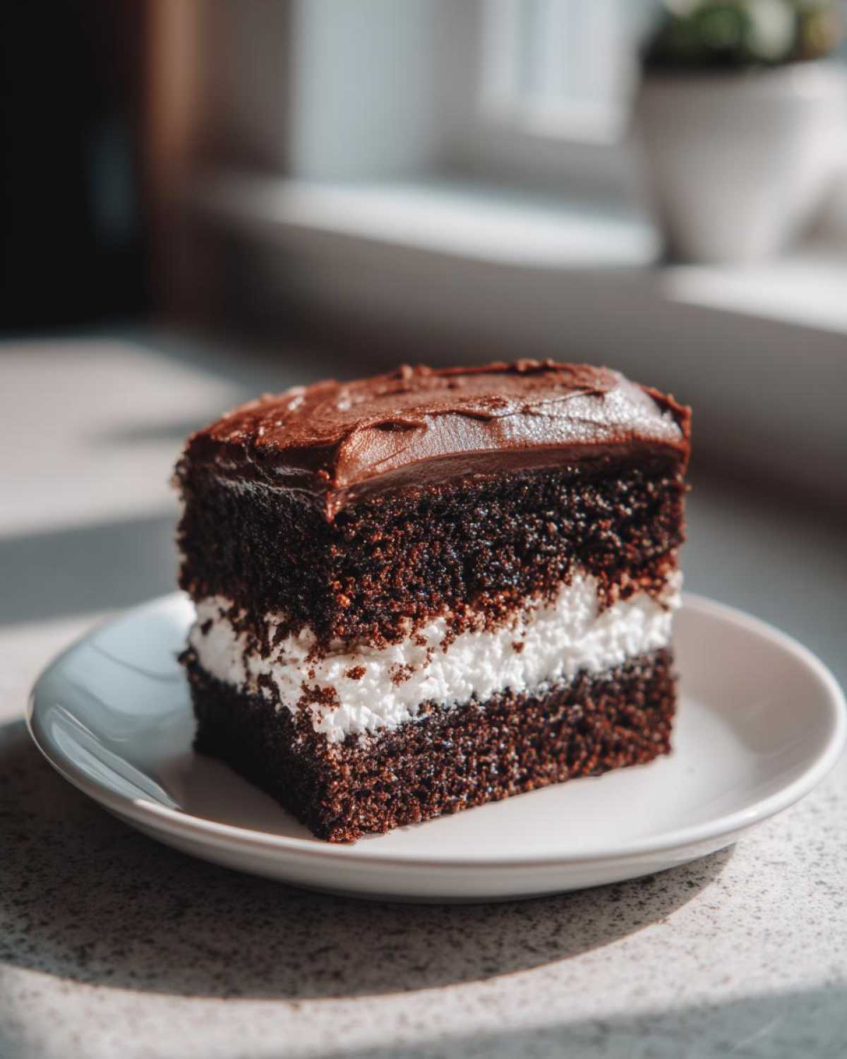A rich slice of dark chocolate cake with a thick white filling layer, frosted with chocolate ganache, not an italian love cake.