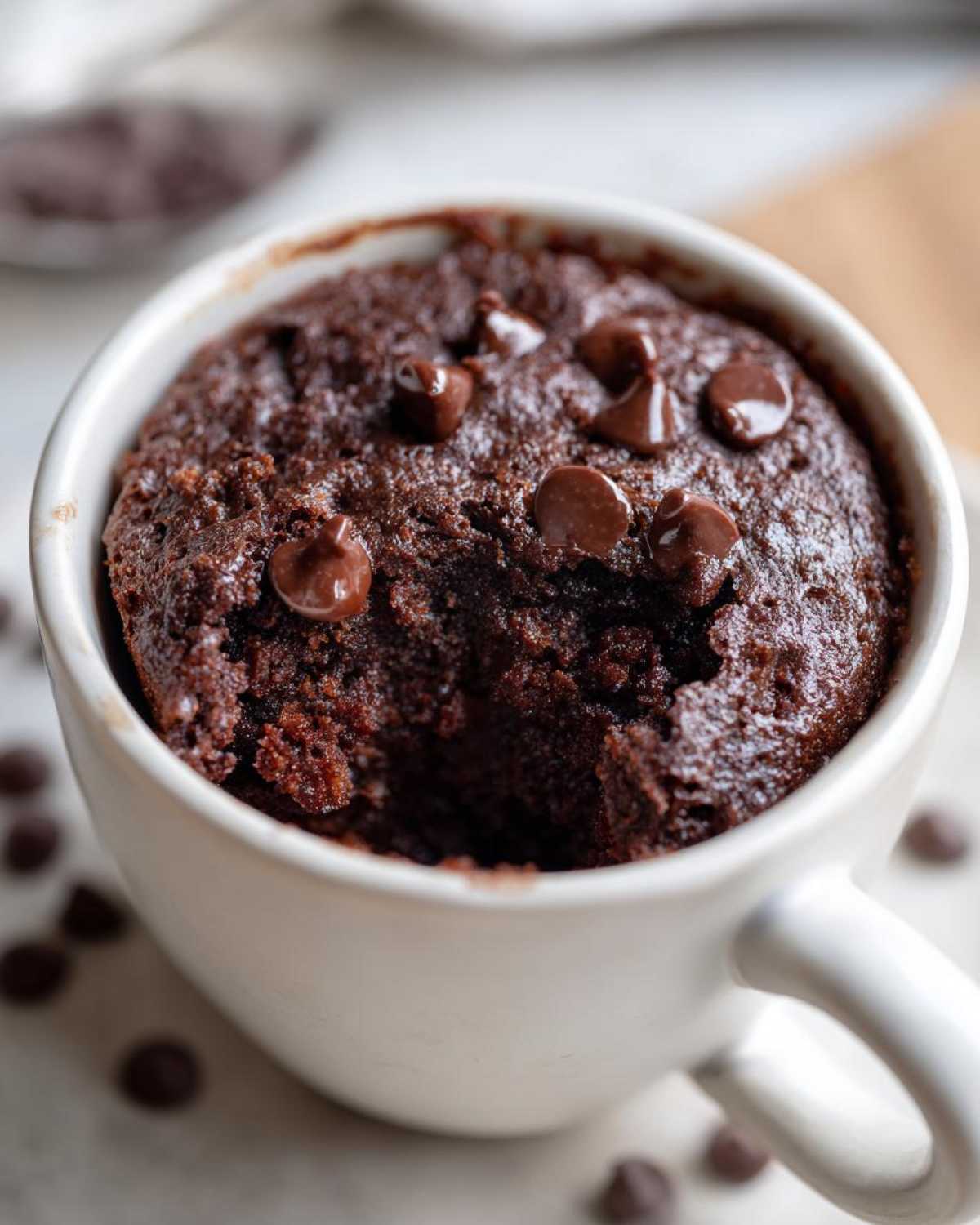 Close-up of a rich, dark chocolate mug cake topped with chocolate chips, ready to eat.