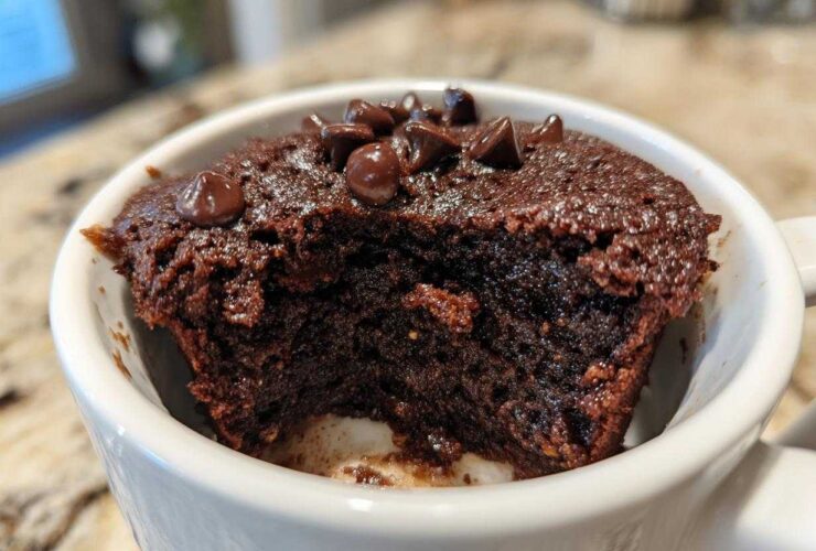 Close-up of a rich, dark chocolate mug cake with a bite taken out, topped with chocolate chips.