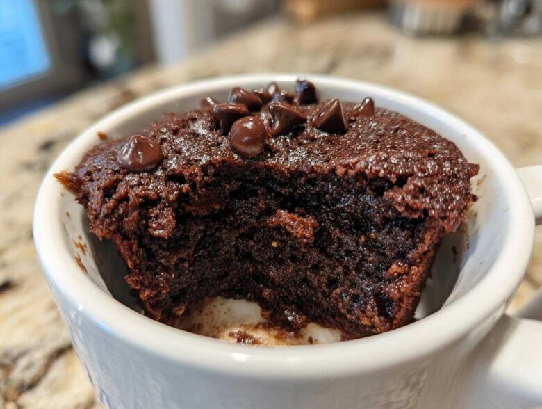 Close-up of a rich, dark chocolate mug cake with a bite taken out, topped with chocolate chips.