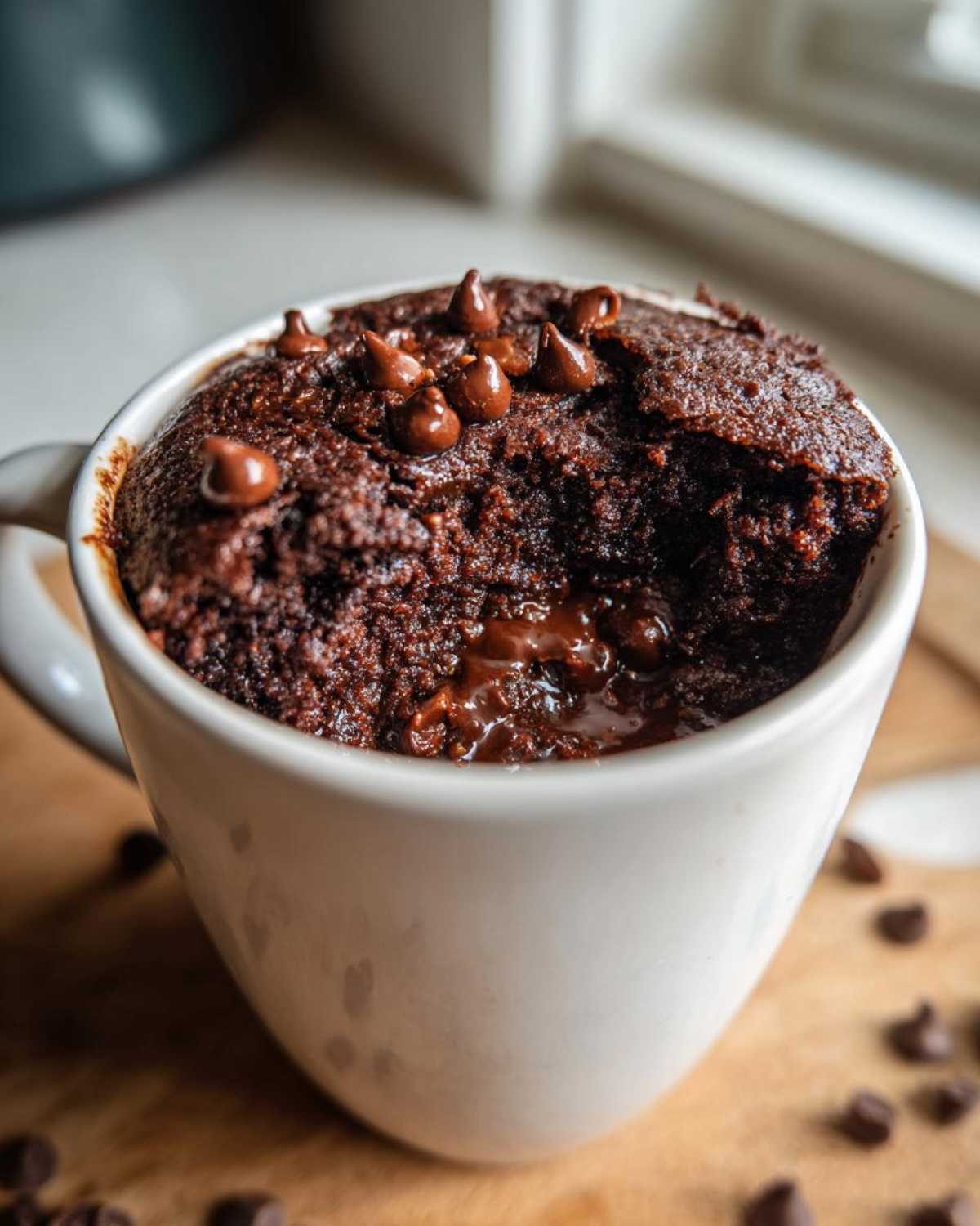 Close-up of a rich chocolate mug cake with melted center and chocolate chips, perfect for a quick mug cake.