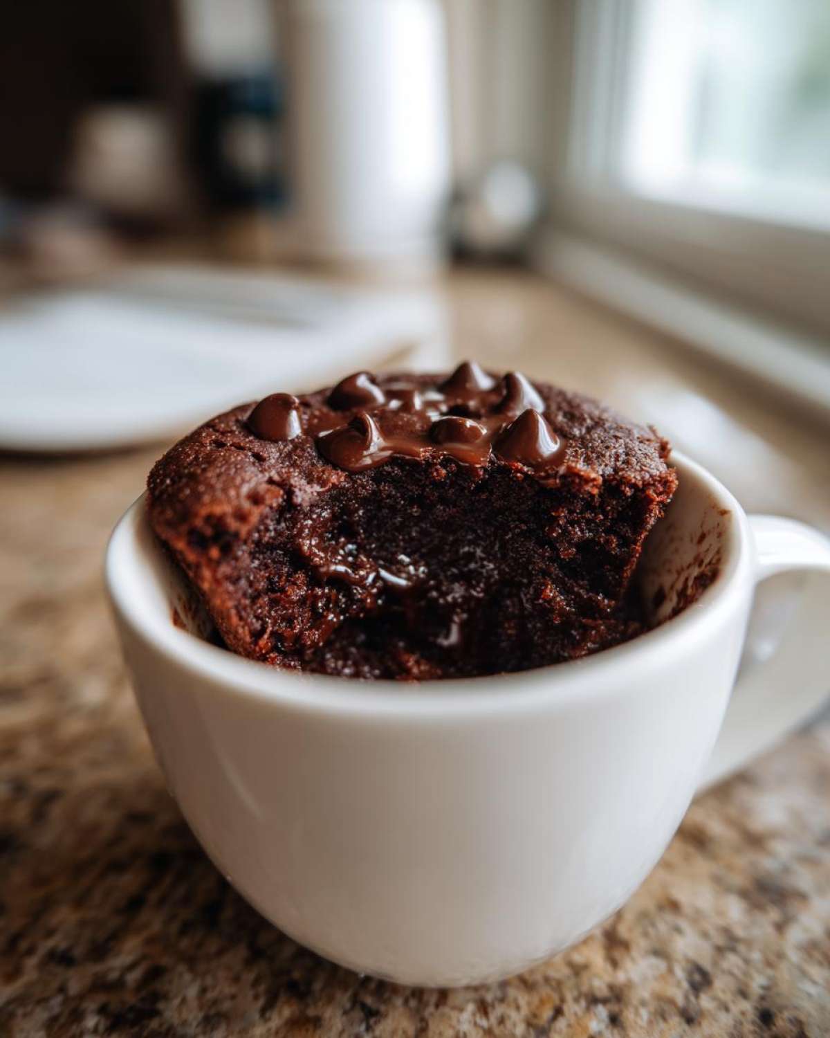 Close-up of a rich, dark chocolate mug cake with melted chocolate chips on top, served in a white mug.