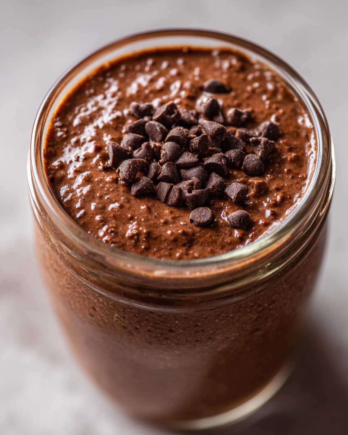 Overhead close-up of rich chocolate overnight oats topped with mini chocolate chips in a glass jar.