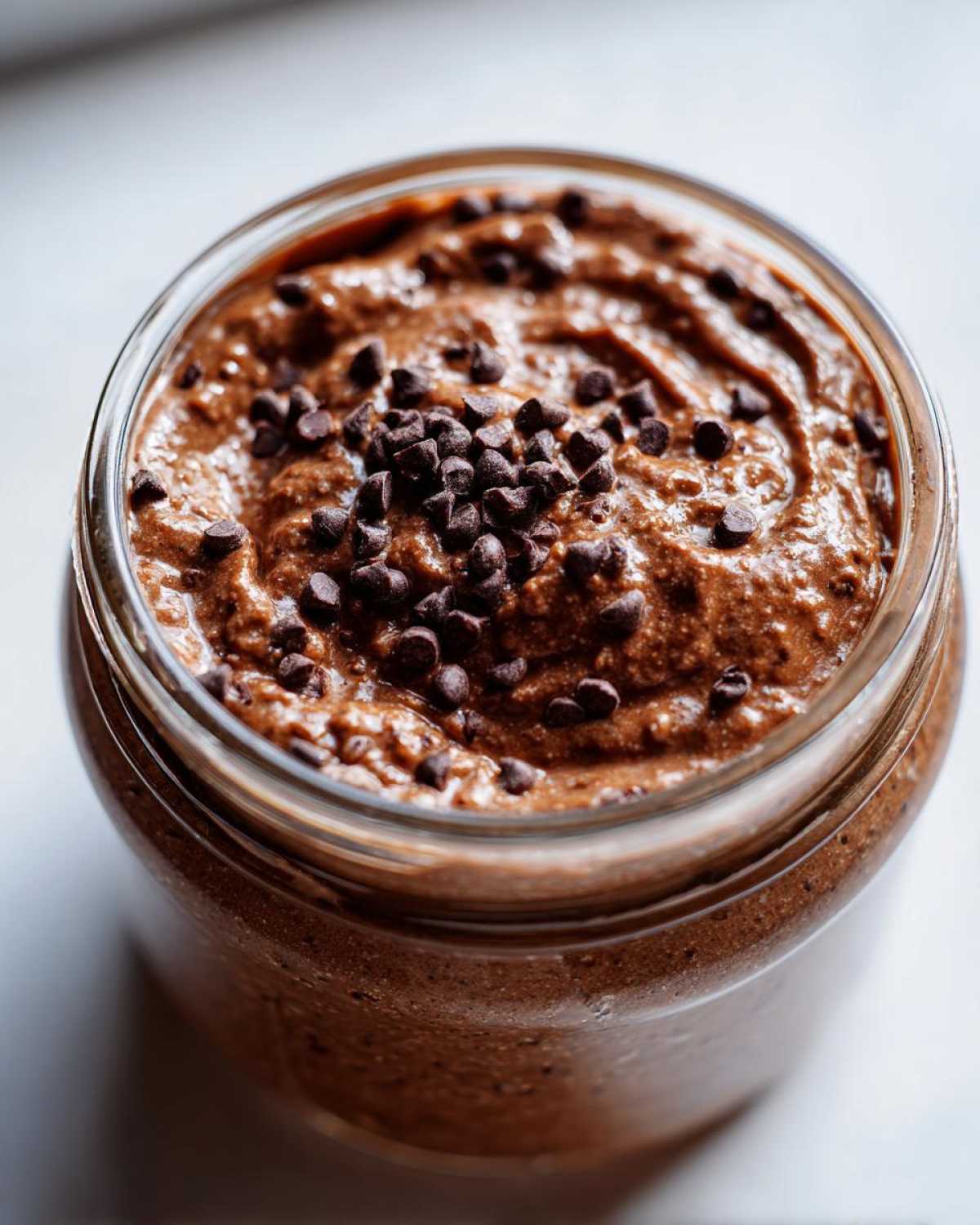 Close-up of rich chocolate overnight oats in a glass jar, topped with mini chocolate chips.