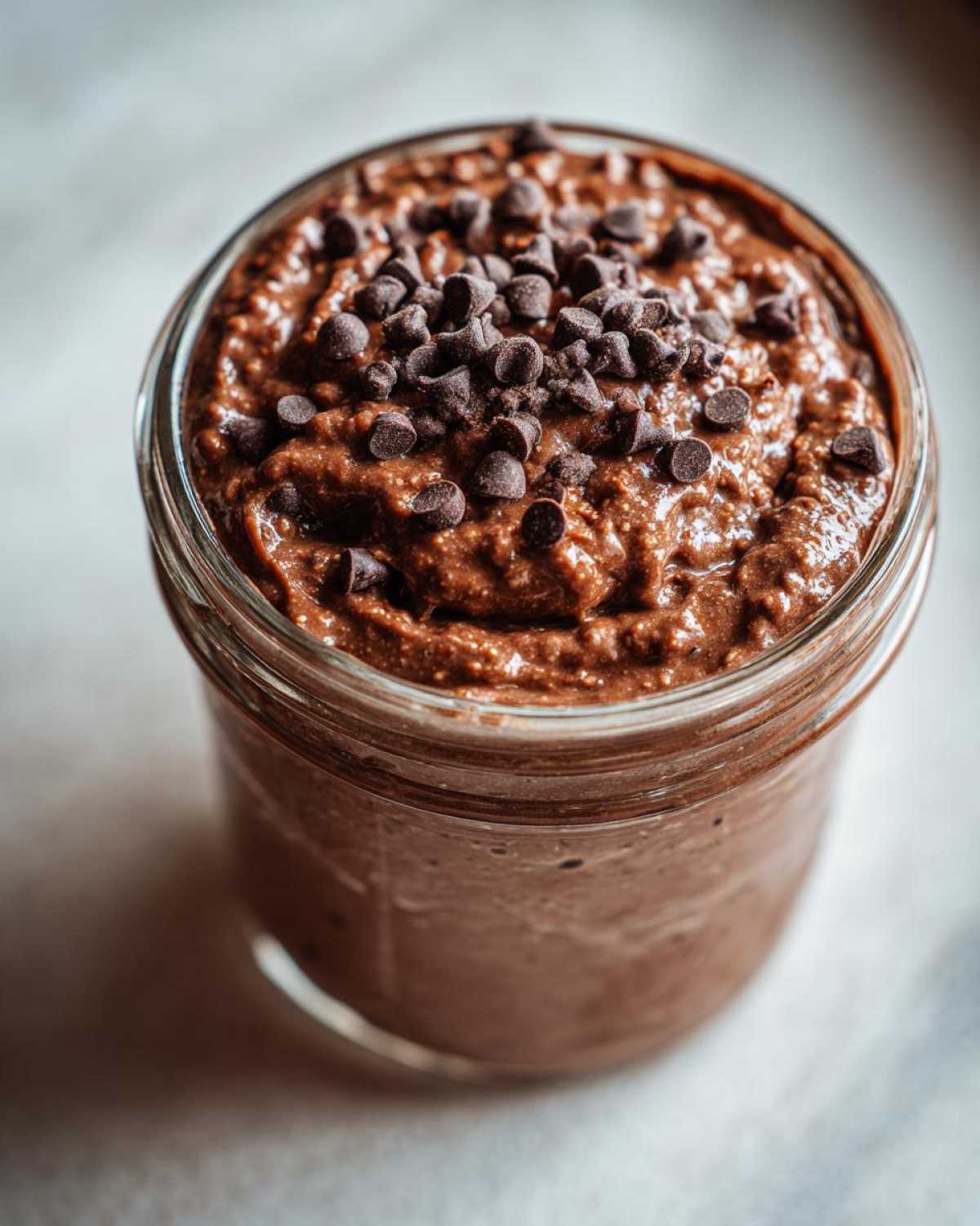 Close-up of thick chocolate overnight oats in a glass jar, topped generously with mini chocolate chips.
