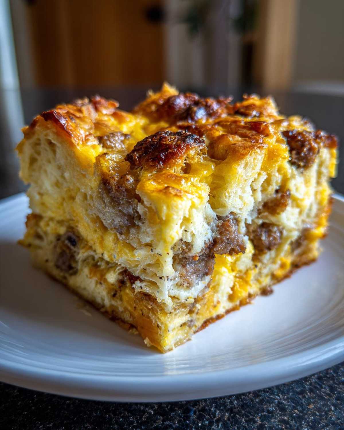Close-up of a square slice of golden brown Christmas breakfast casserole with visible sausage pieces.
