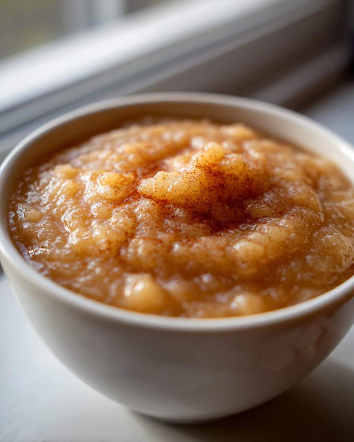 Close-up of a white bowl filled with chunky homemade applesauce, topped with a dusting of cinnamon.