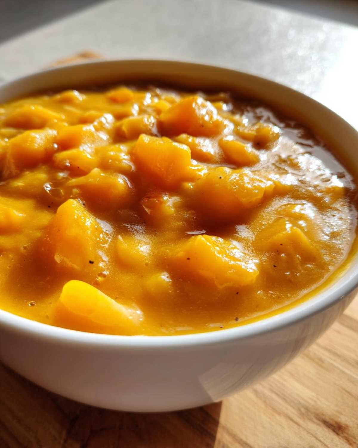 Close-up of a bright orange, chunky soup, possibly a squash or carrot base for a cheese soup, in a white bowl.